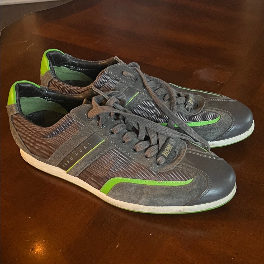 Hugo Boss Stiven Grey/Green Leather  Mens Trainers Shoes Size US 9 EU 42